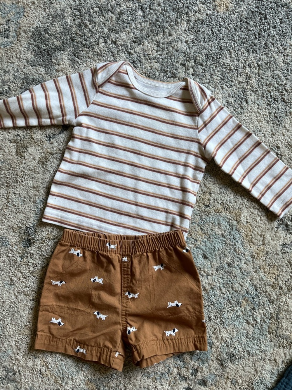 Carter's Cream and Brown Striped Top with Brown Dog-Print Shorts